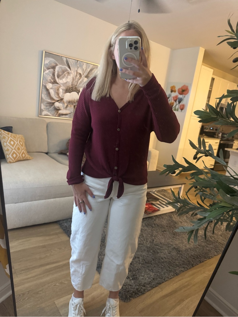 Altar'd State Burgundy Button-Tie V-Neck Cardigan
